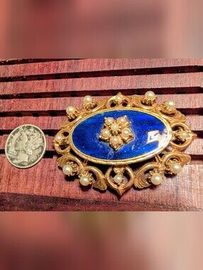 Vintage Florenza Victorian-Style Blue Enamel & Faux Pearl Brooch